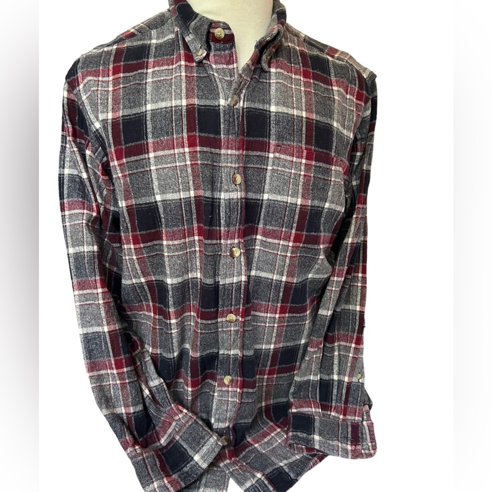 Red Head Mens Flannel Shirt Long Sleeve Plaid Gray Black Red White Button Up XL